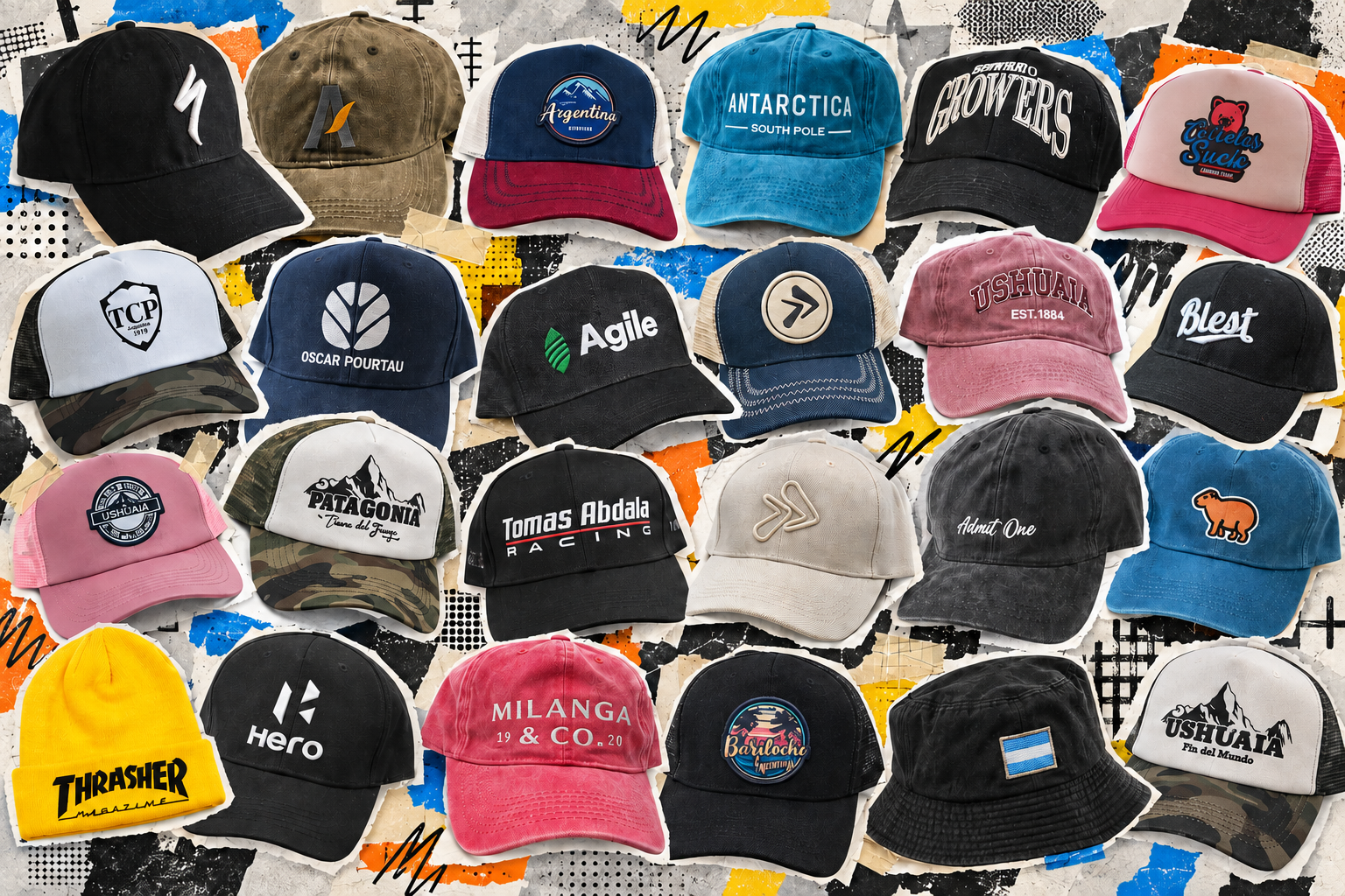 Trabajos de personalización de Mol Hats: gorras, pilusos y gorros tejidos con bordados, parches y estampados para marcas y empresas, incluyendo Blest.