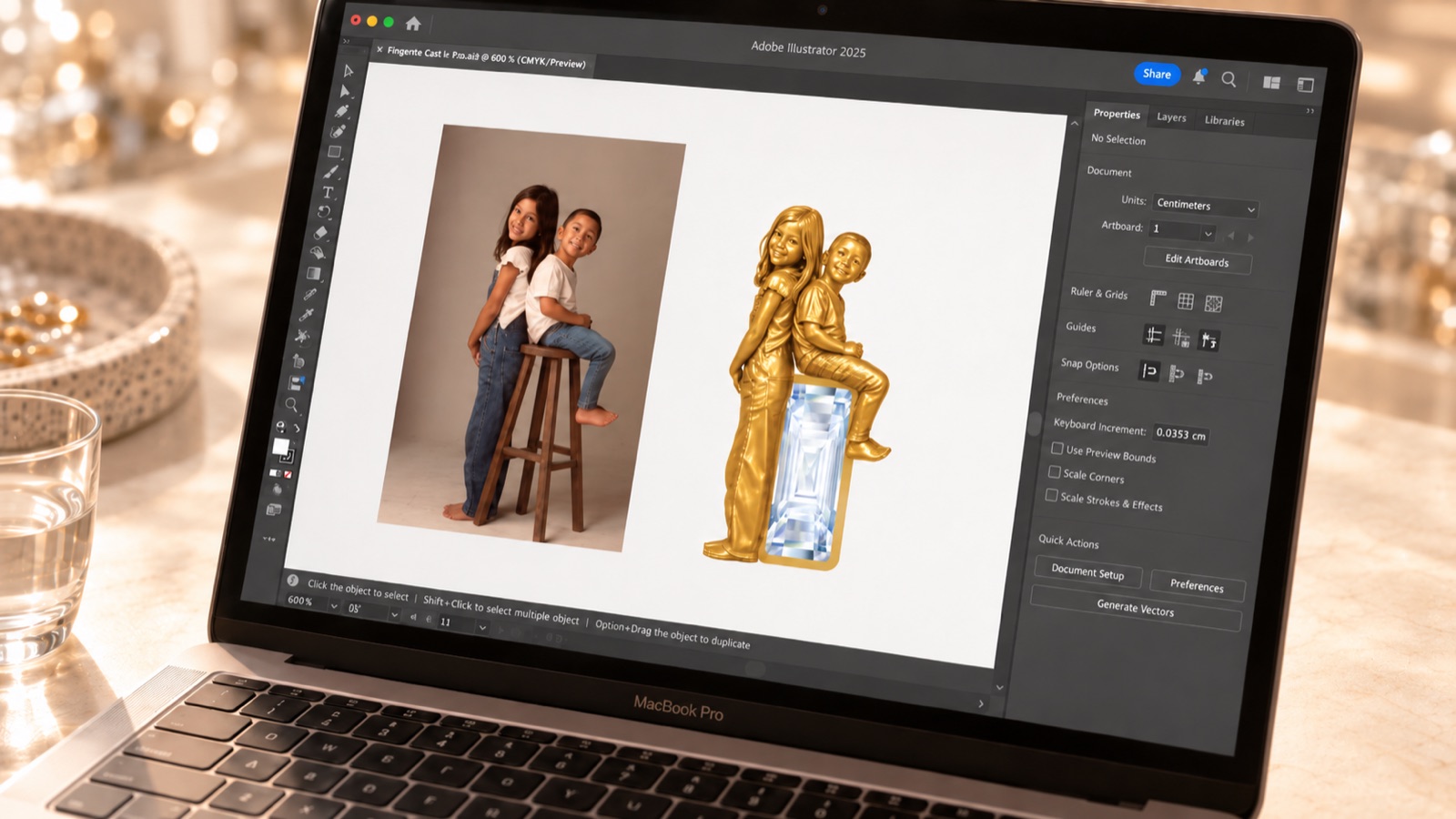 A fotografia original ao lado da escultura modelada em 3D