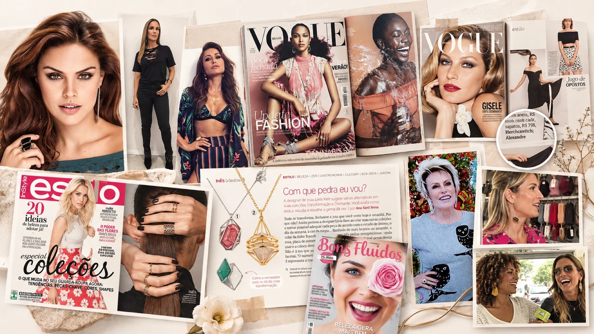 Publica&ccedil;&otilde;es em revistas e pe&ccedil;as da marca em uso