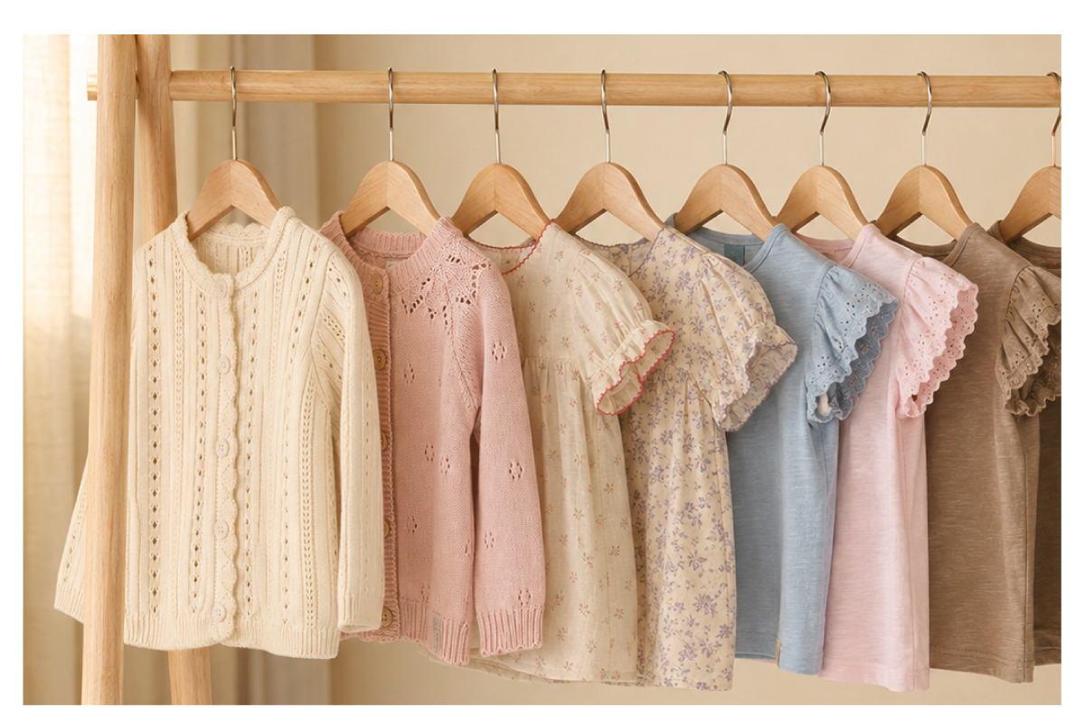 Prendas combinables de la colecci&oacute;n Anavana colgadas en perchero, ropa infantil por mayor