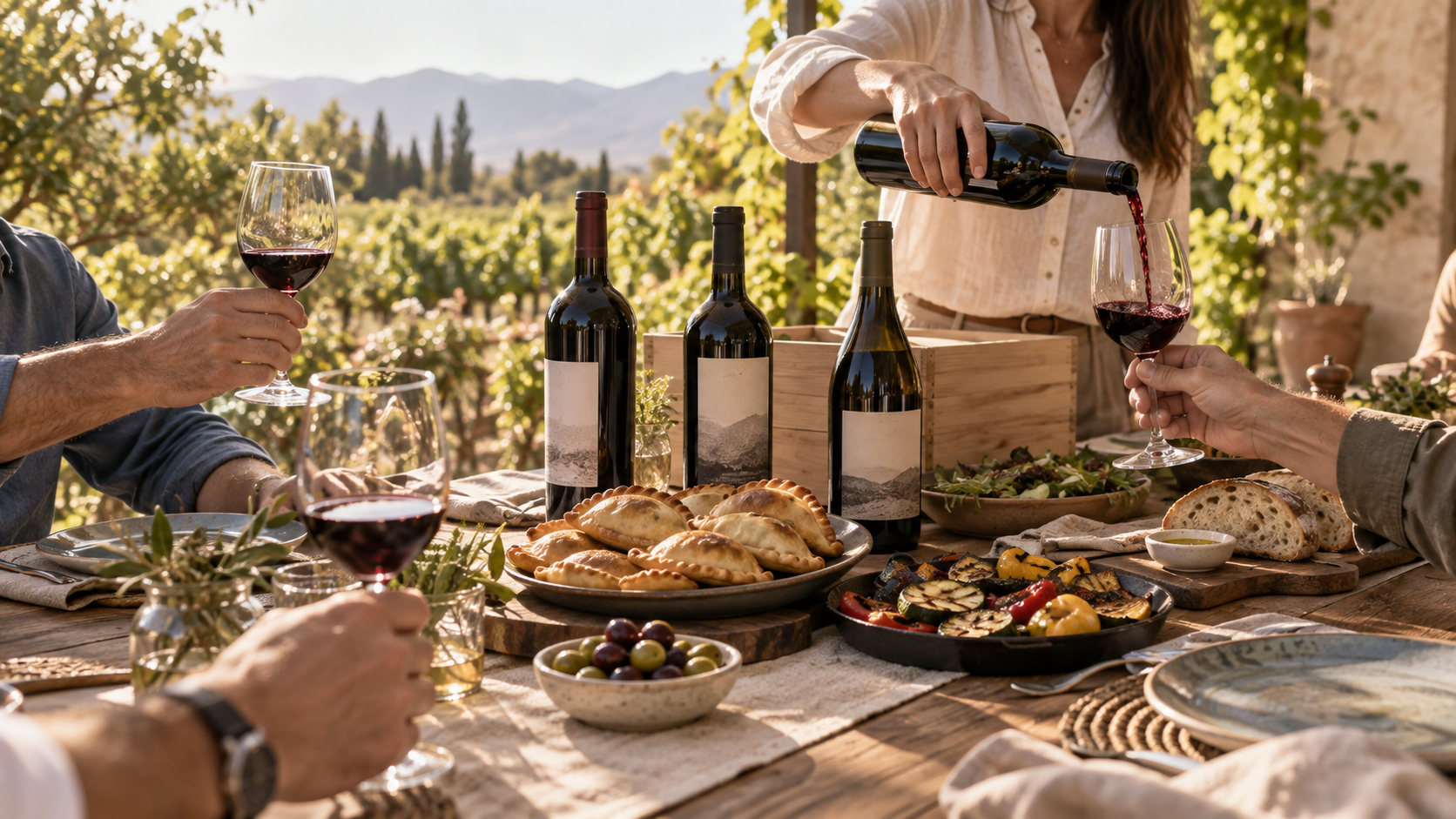 Mesa argentina y vinos del Club Corcho Negro