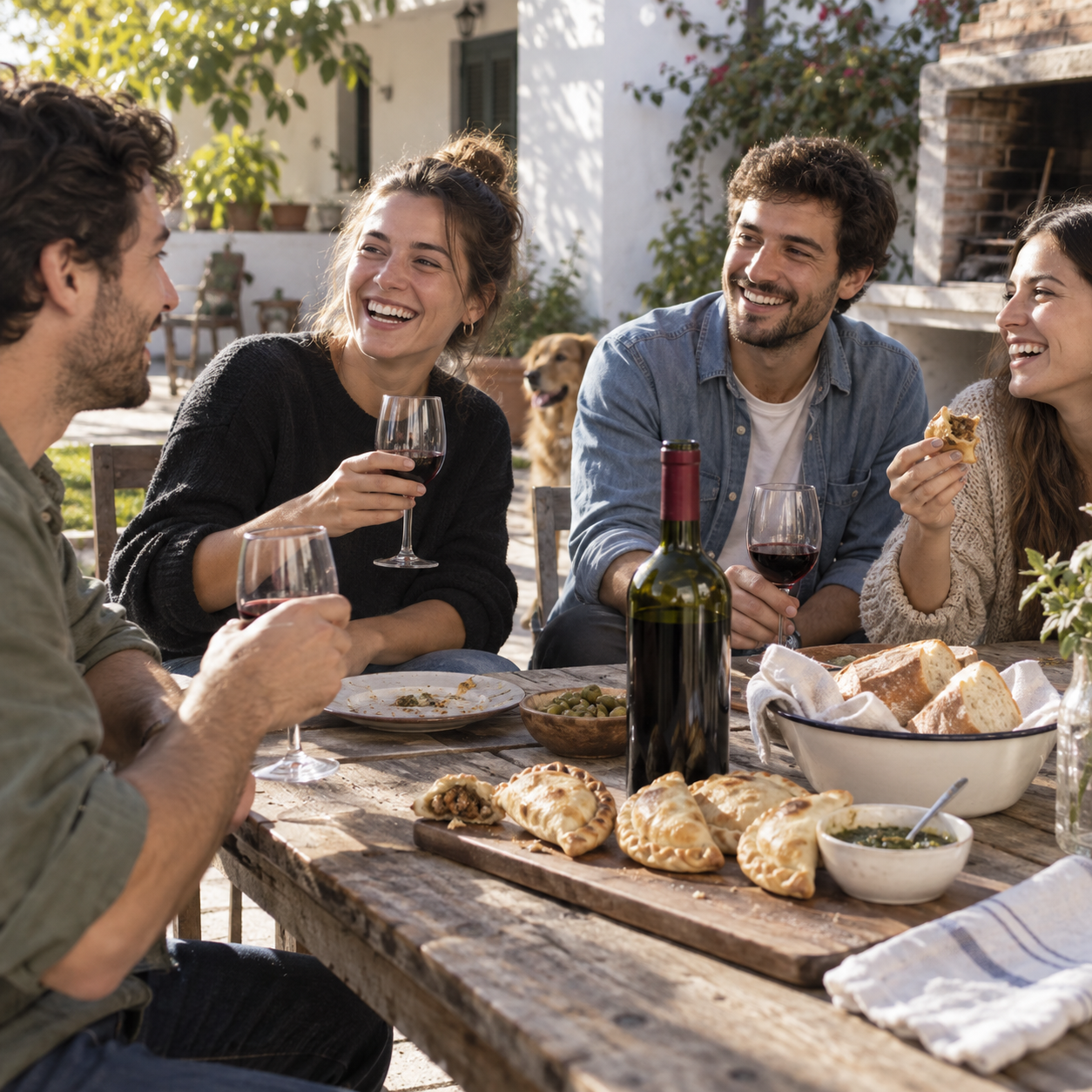 Amigos j&oacute;venes compartiendo vino y empanadas