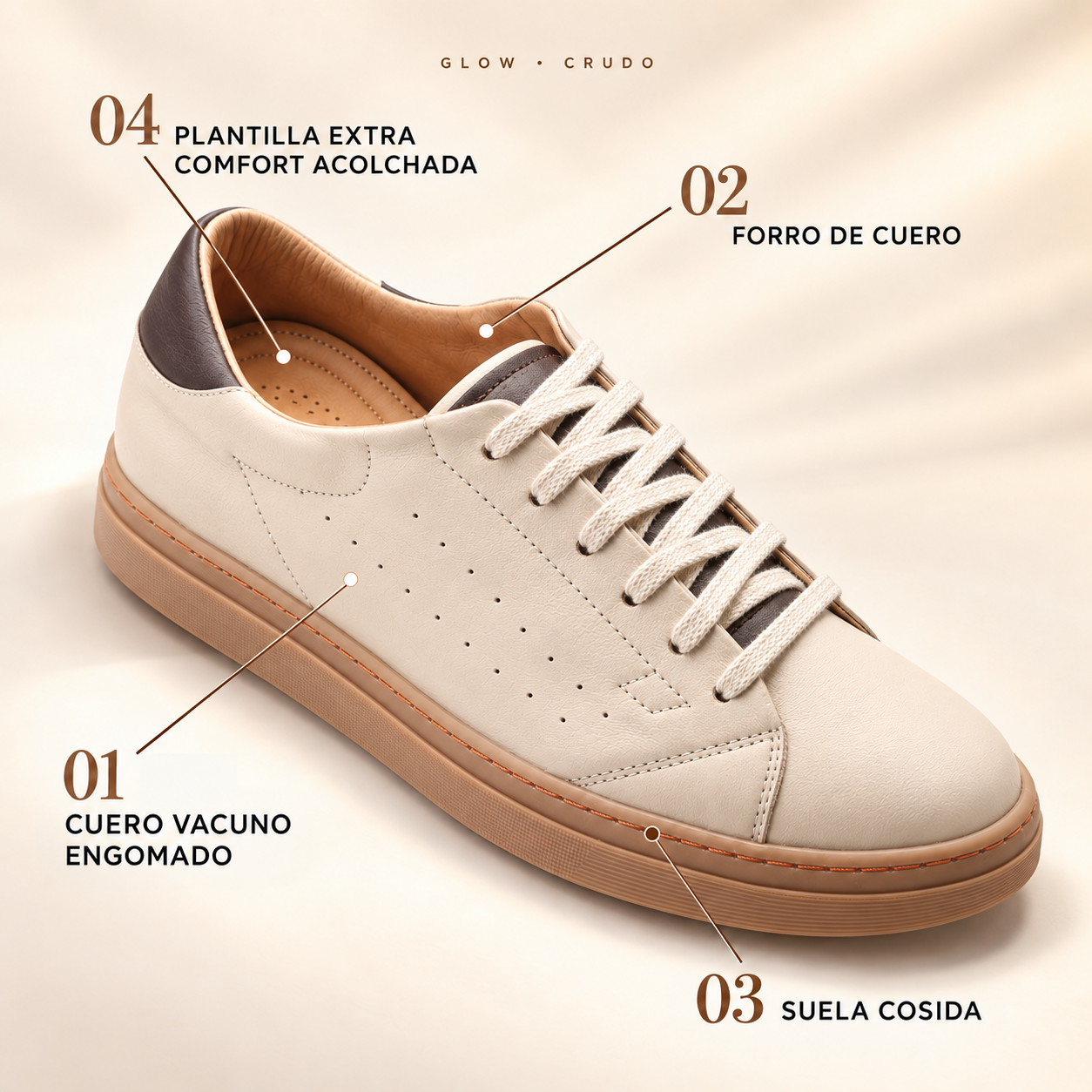 Zapatilla Glow crudo con forro de cuero y suela de goma cosida