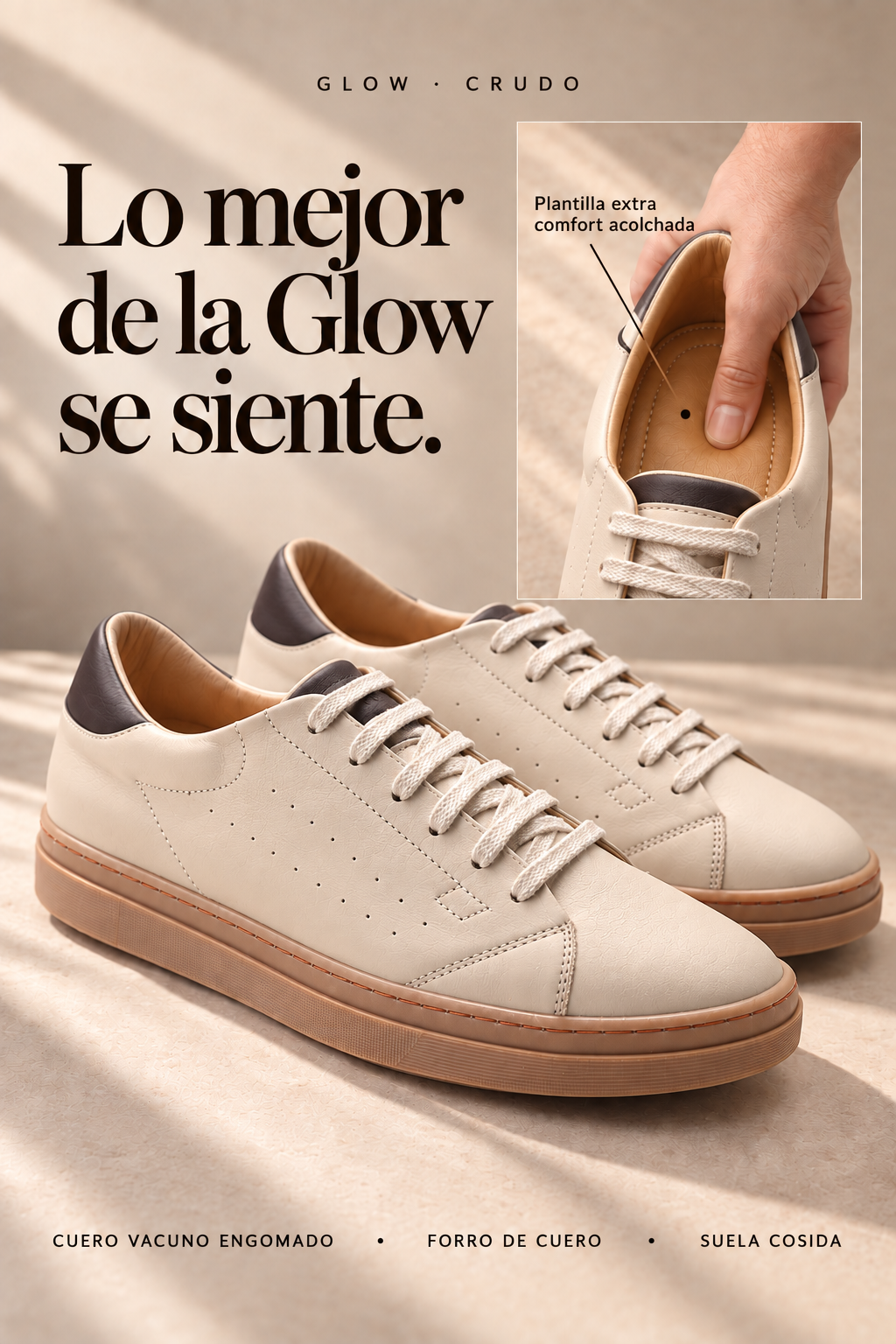 Zapatilla Glow crudo de cuero vacuno engomado, OGGI