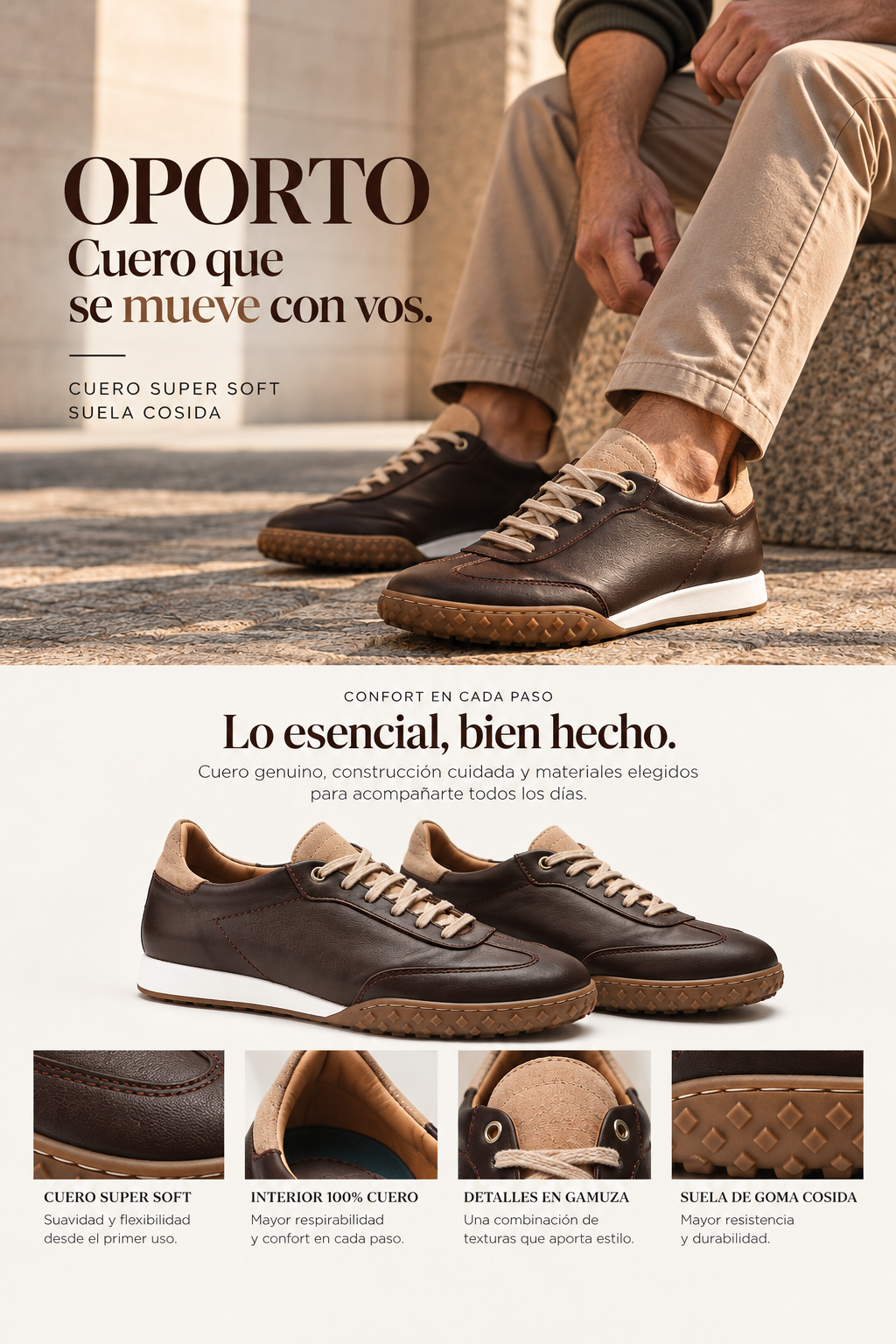 Zapatilla Oporto chocolate en cuero vacuno extra suave, OGGI