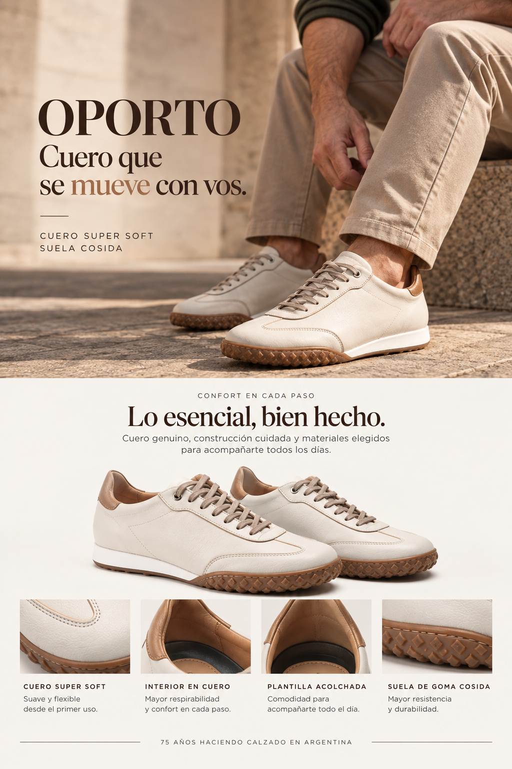 Zapatilla Oporto crudo en cuero vacuno extra suave, OGGI