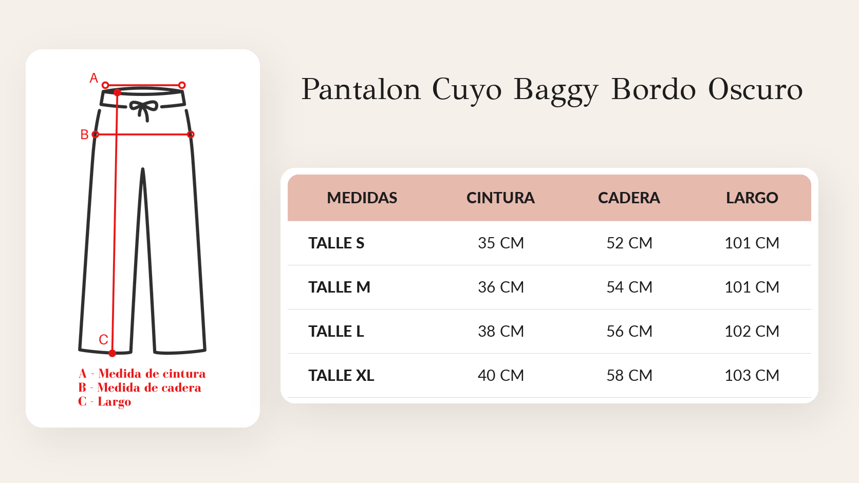 Guía de talles Pantalon Cuyo Baggy Bordo Oscuro
