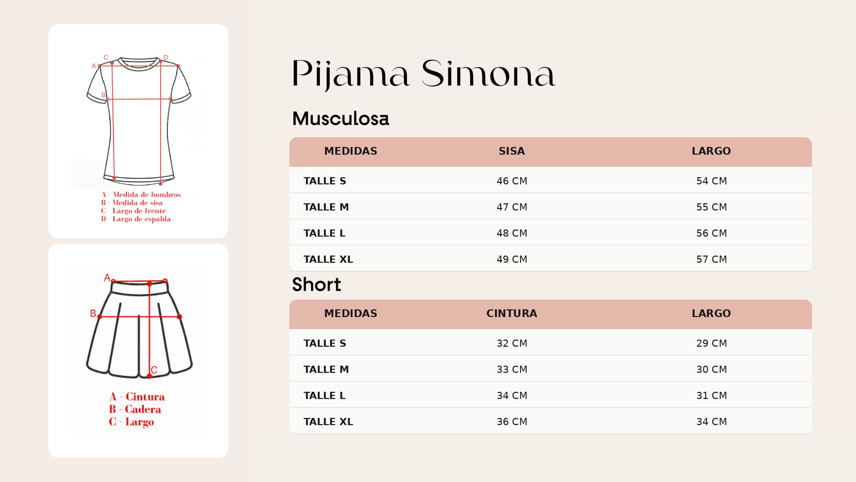 Guía de talles Pijama Simona