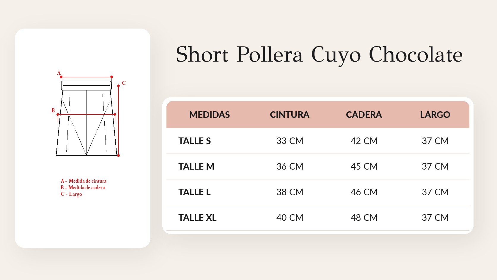 Guía de talles Short Pollera Cuyo Chocolate
