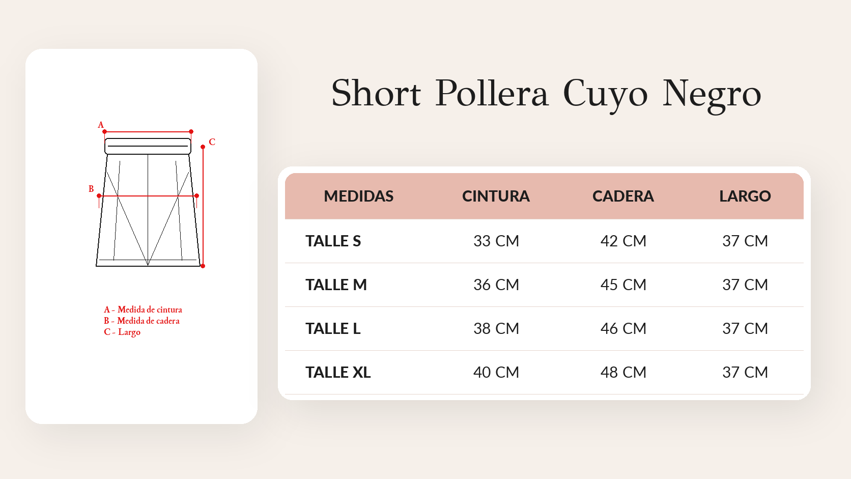 Guía de talles Short Pollera Cuyo Negro