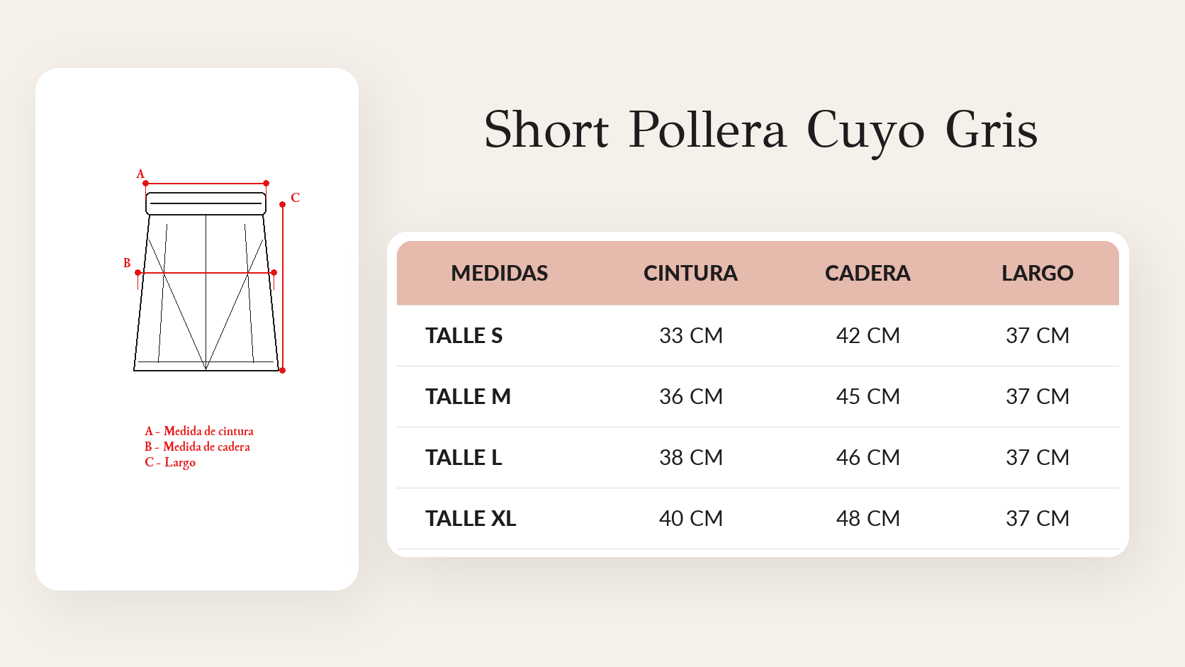 Guía de talles Short Pollera Cuyo Gris