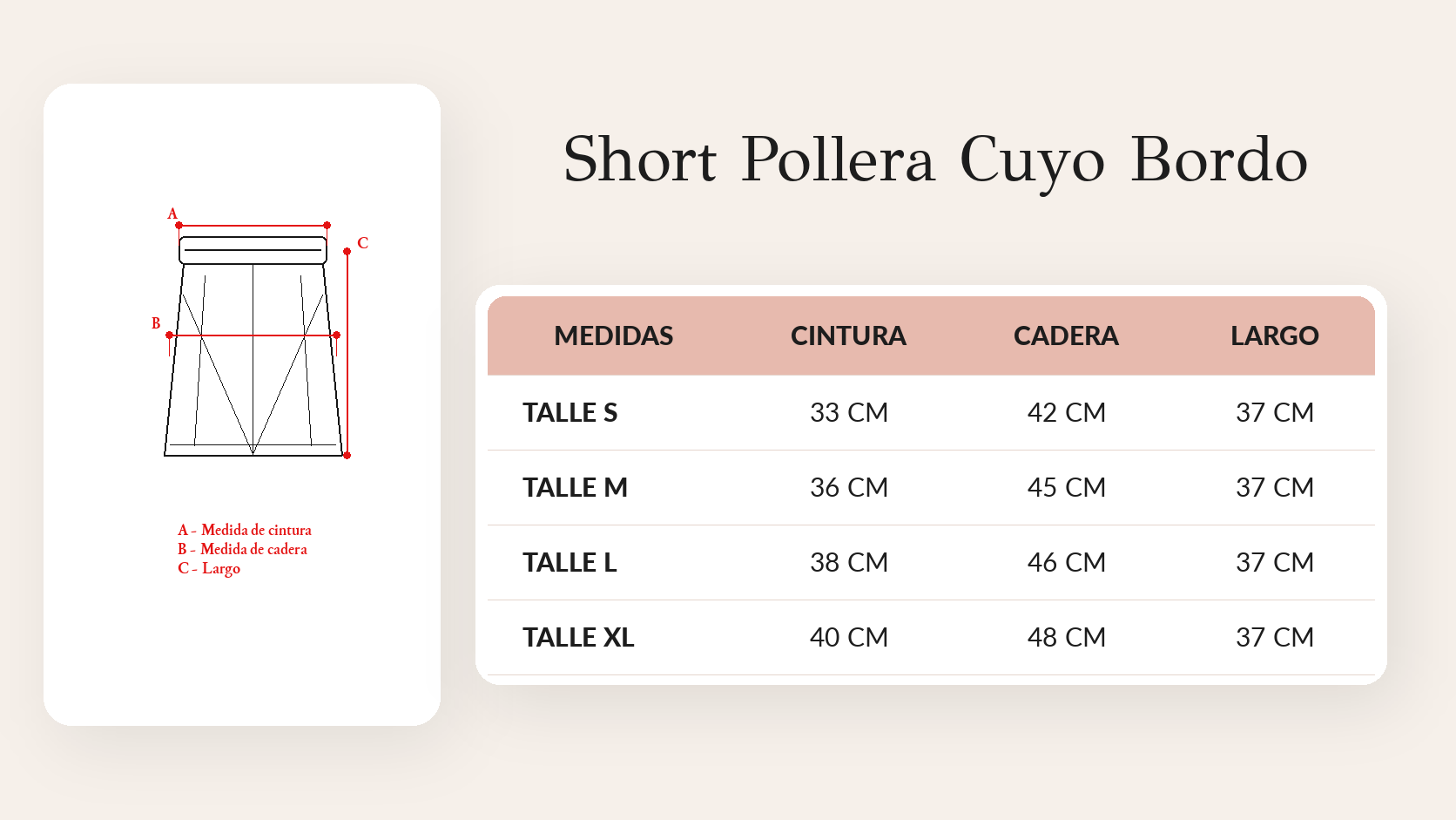 Gu&iacute;a de talles Short Pollera Cuyo Bordo