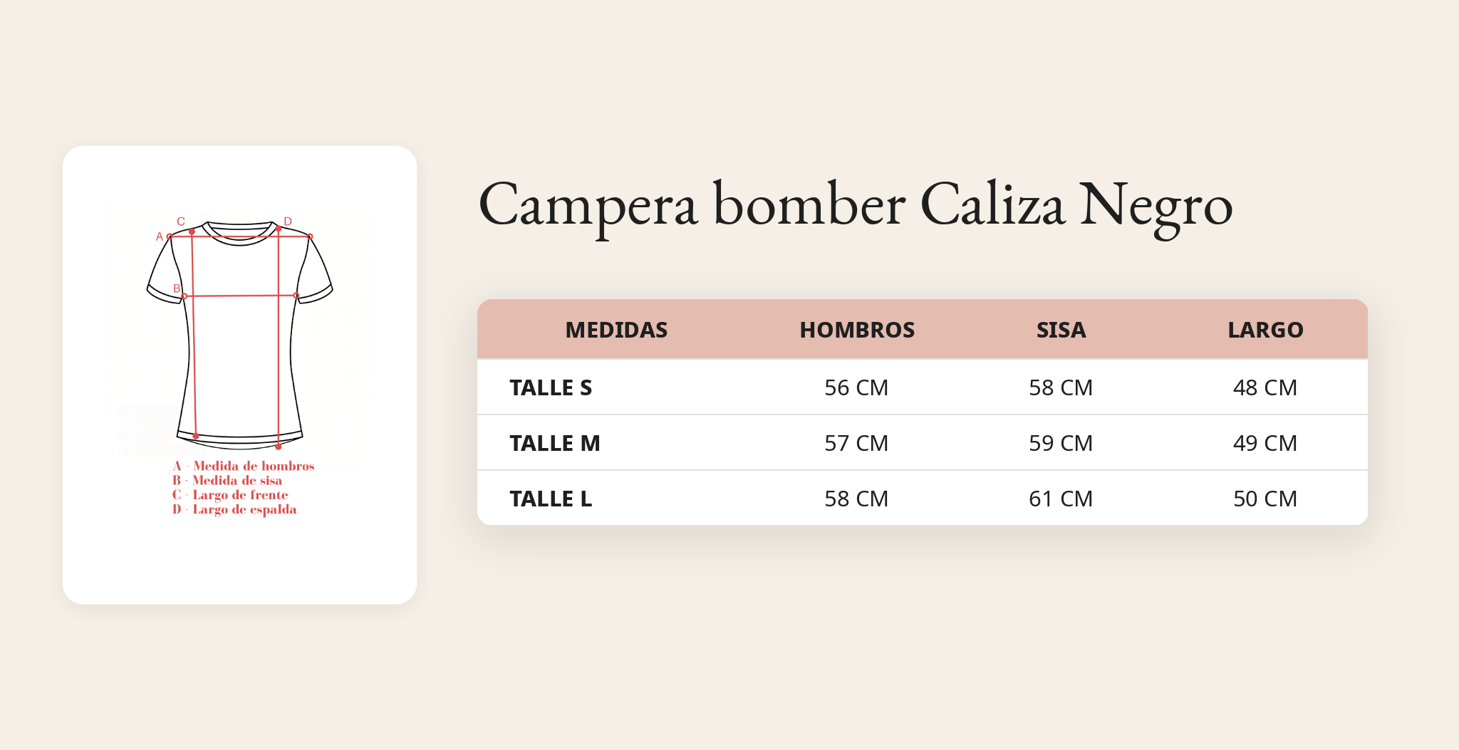 Guía de talles Campera bomber Caliza Negro