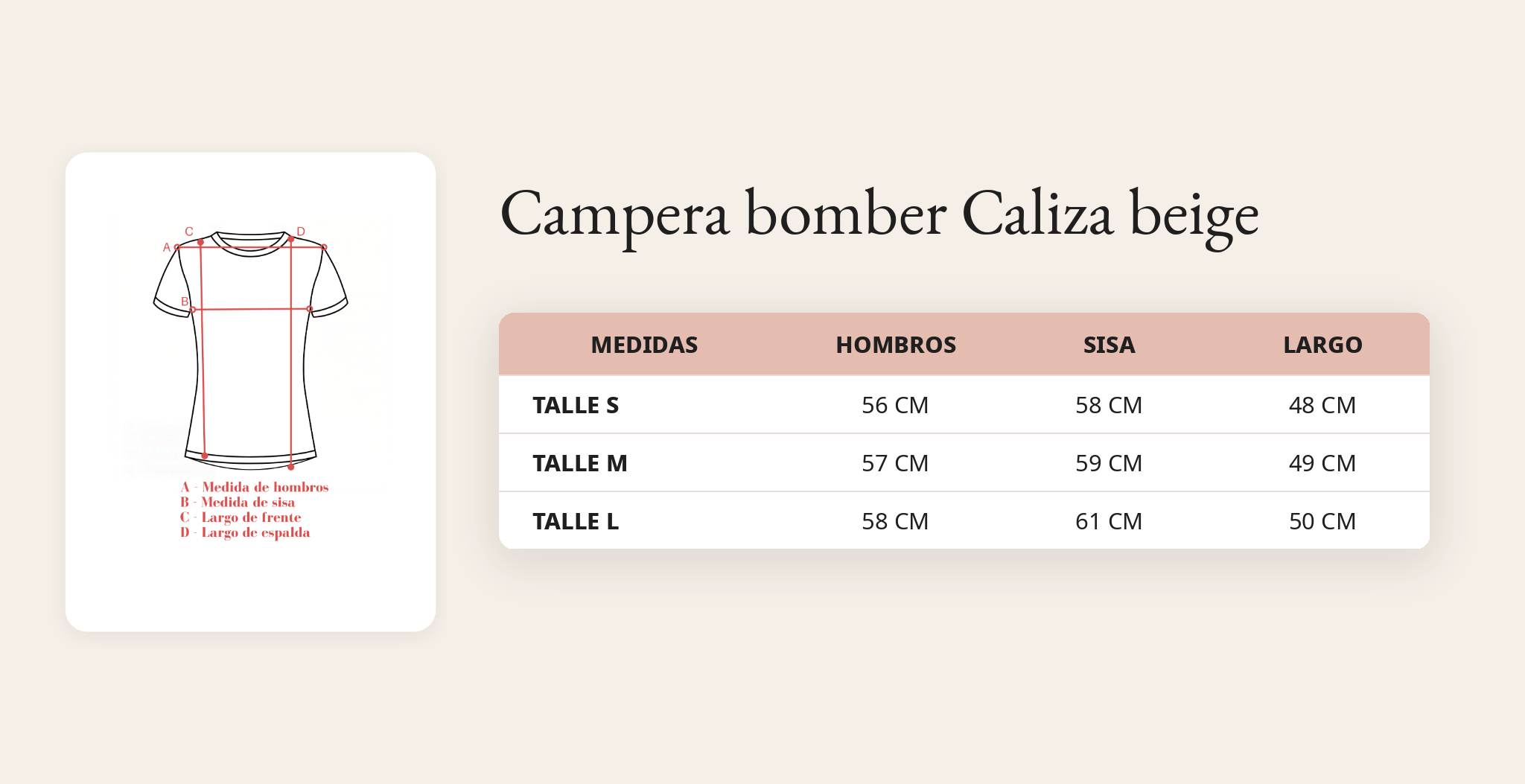 Guía de talles Campera bomber Caliza beige