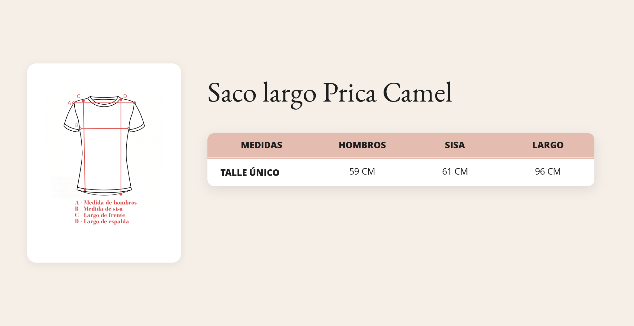 Guía de talles Saco largo Prica Camel