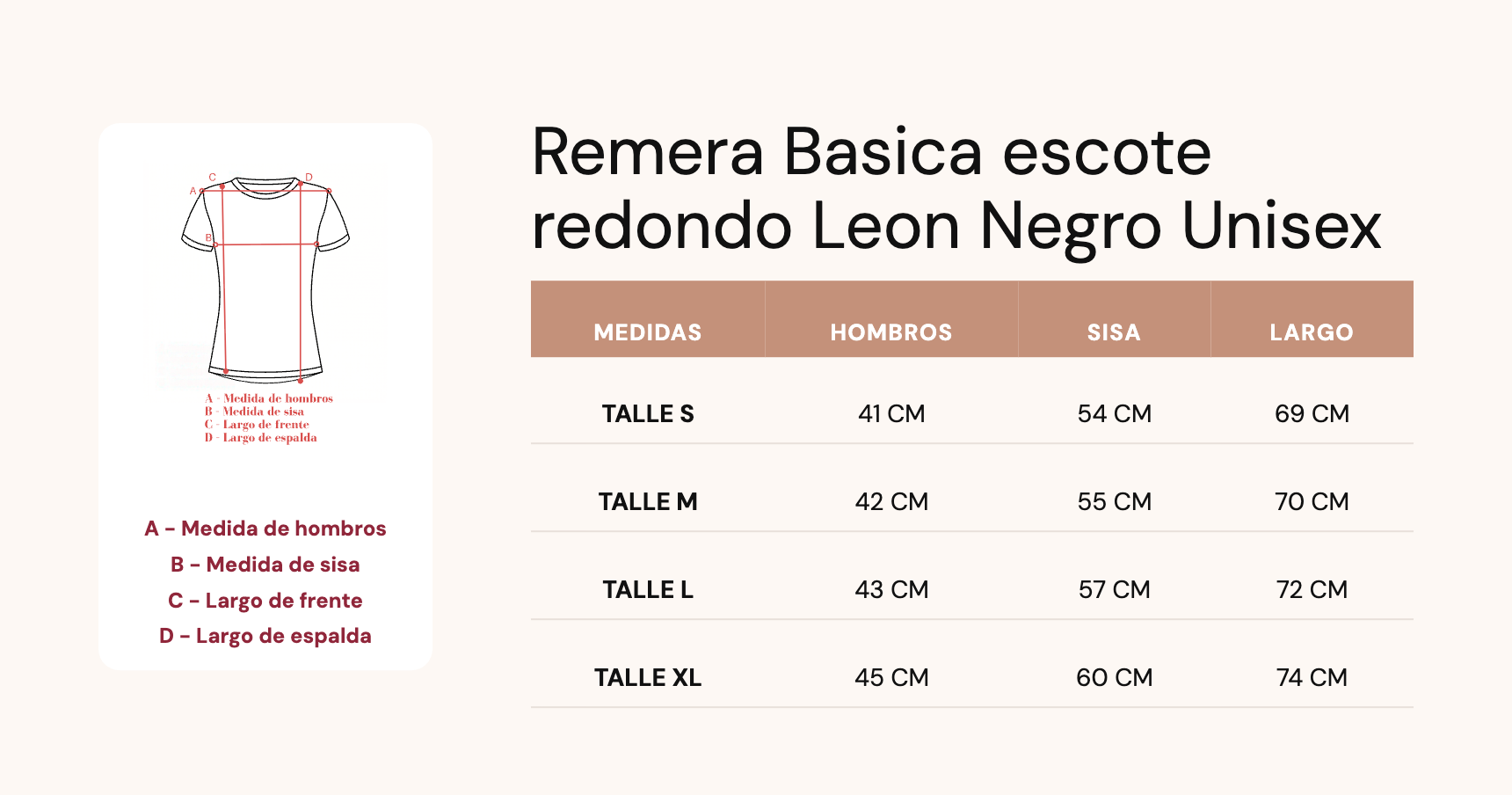 Guía de talles Remera Basica escote redondo Leon