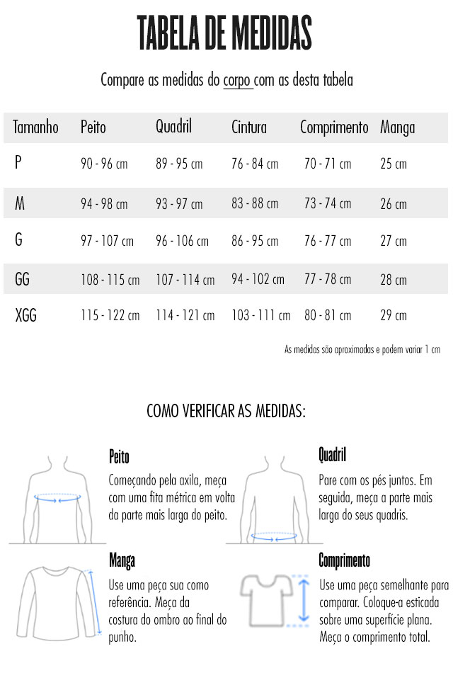 tabela medidas camisa manga curta