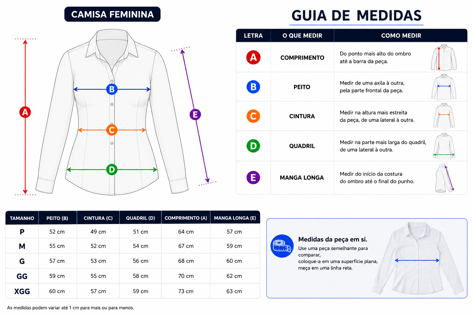 guia de medidas camisa feminina