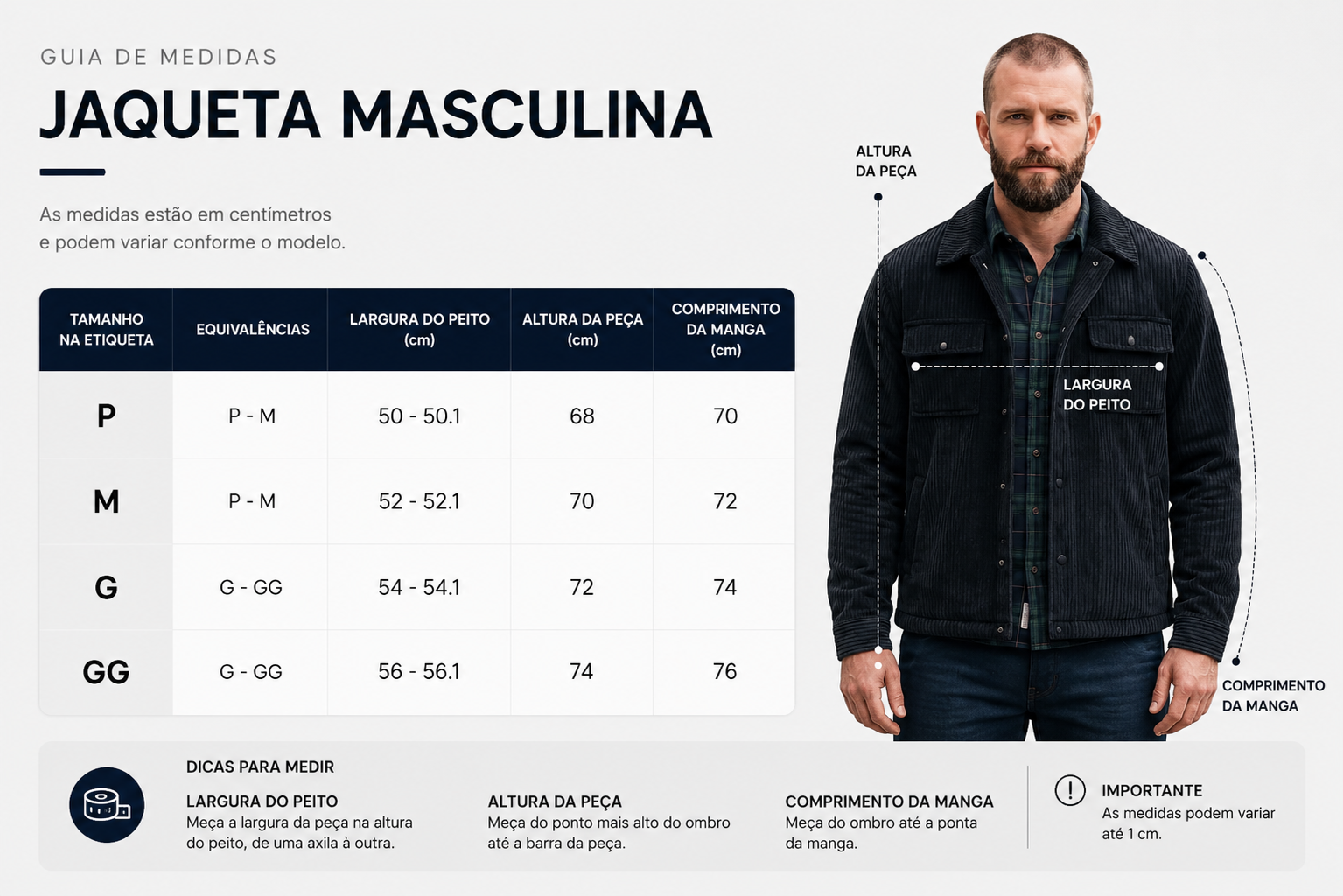 tabela medidas jaqueta masculina