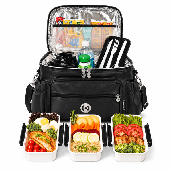 interior da bag com refei&ccedil;&otilde;es organizadas e bandeja.