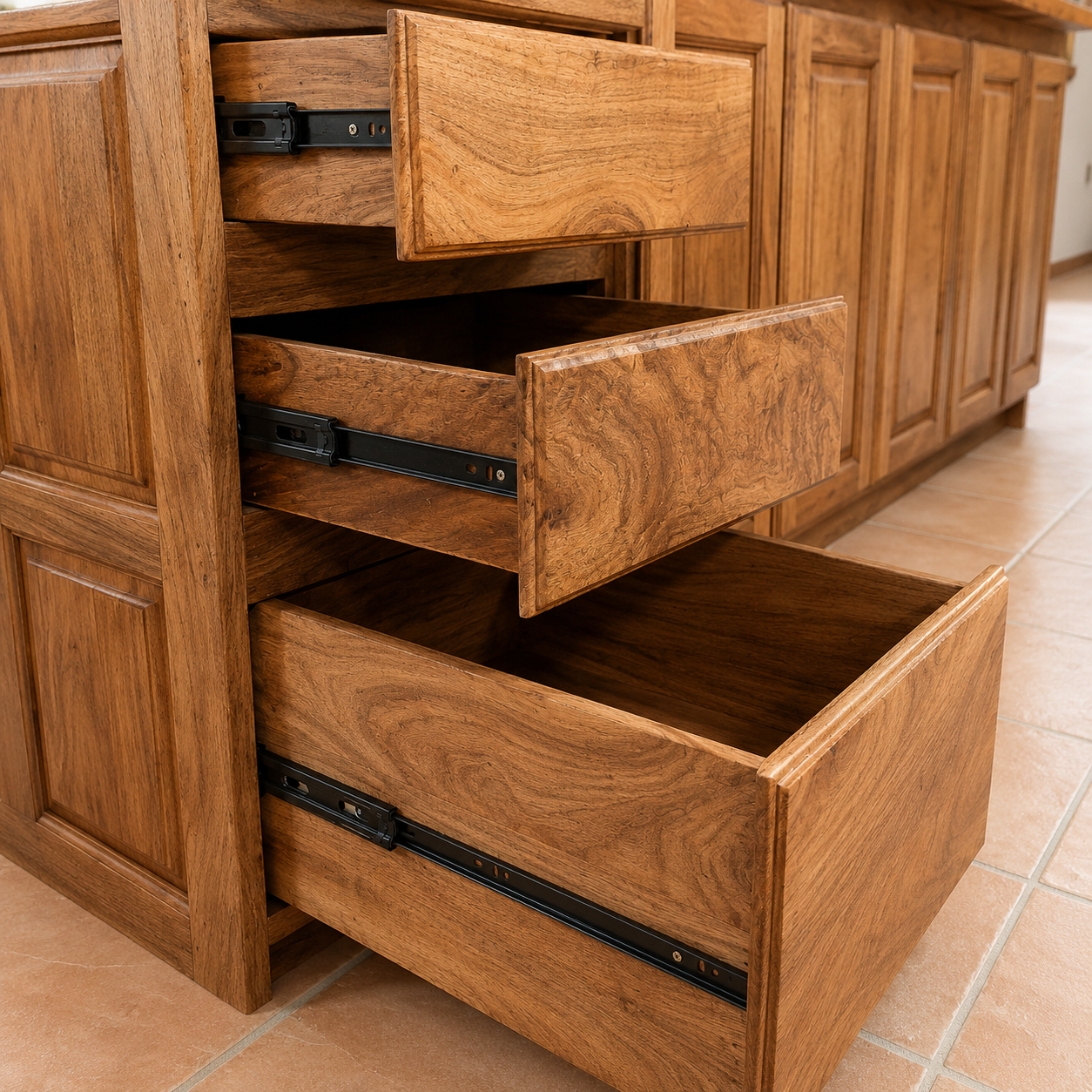Detalle de puertas y terminaci&oacute;n de cocina de algarrobo