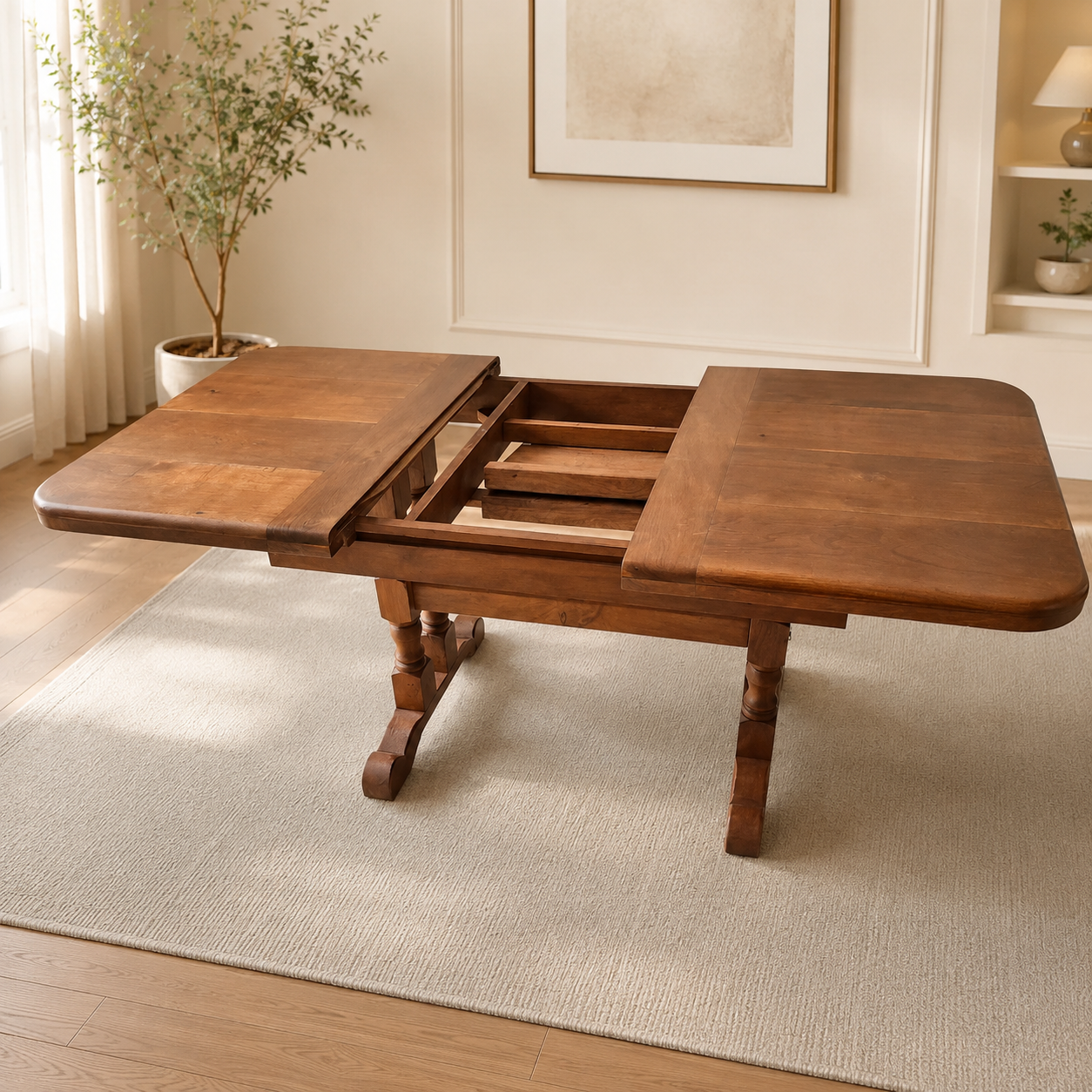 Sistema de apertura de mesa extensible de algarrobo cl&aacute;sico