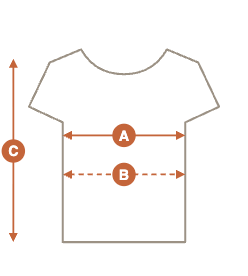 Remera: A ancho, B busto, C largo