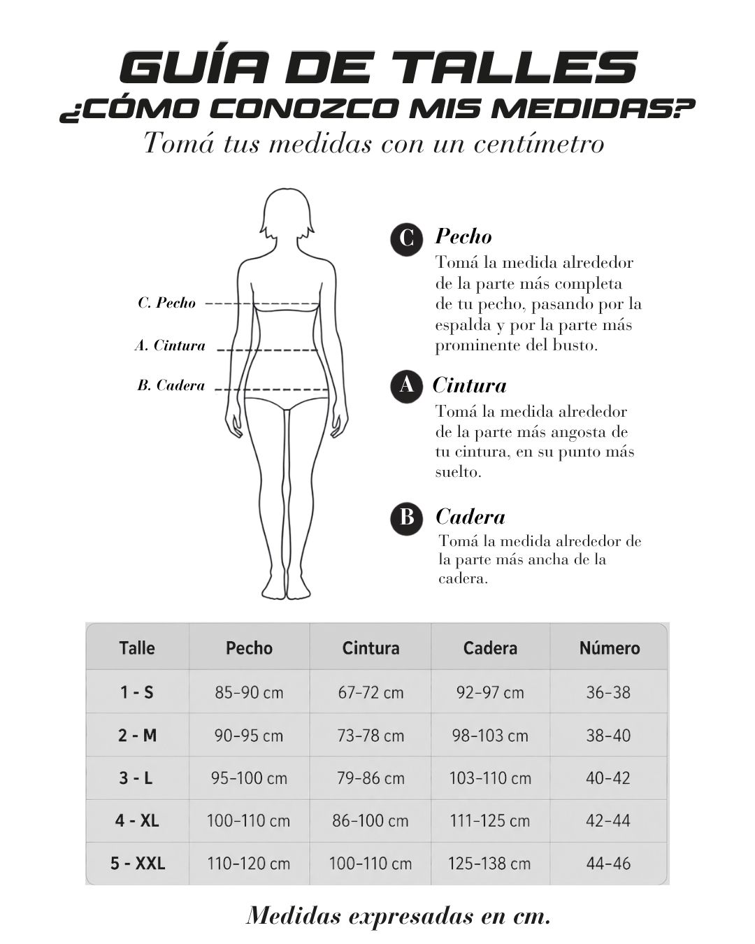 Guia de talles con medidas de busto, cintura, cadera.
