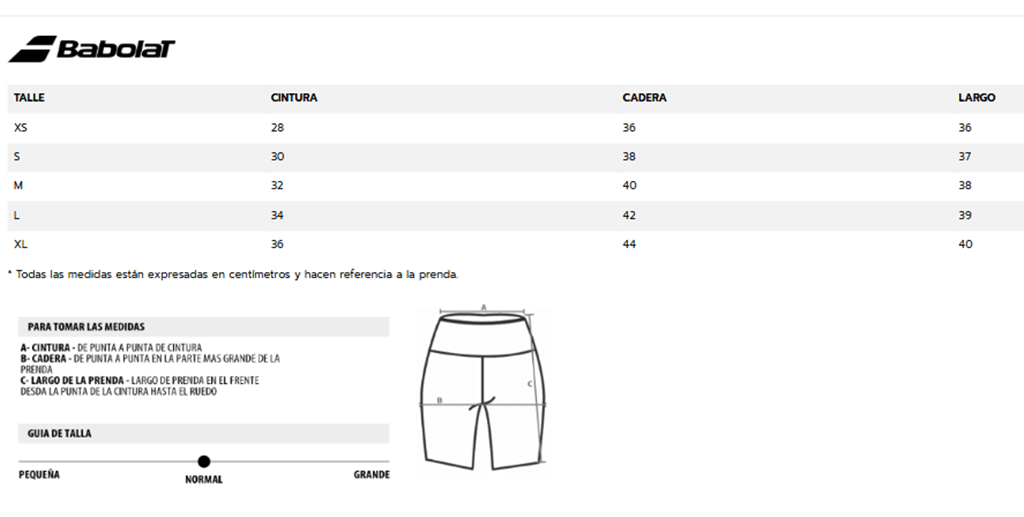 Tabla de Talle Calza Corta Babolat Court
