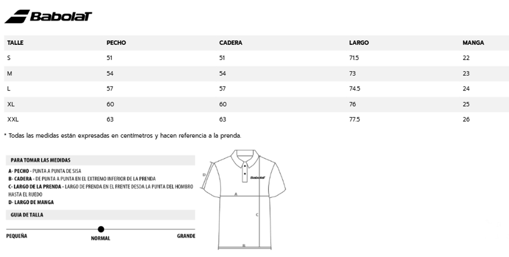 Tabla de Talles Remeras Polo Babolat Tradition