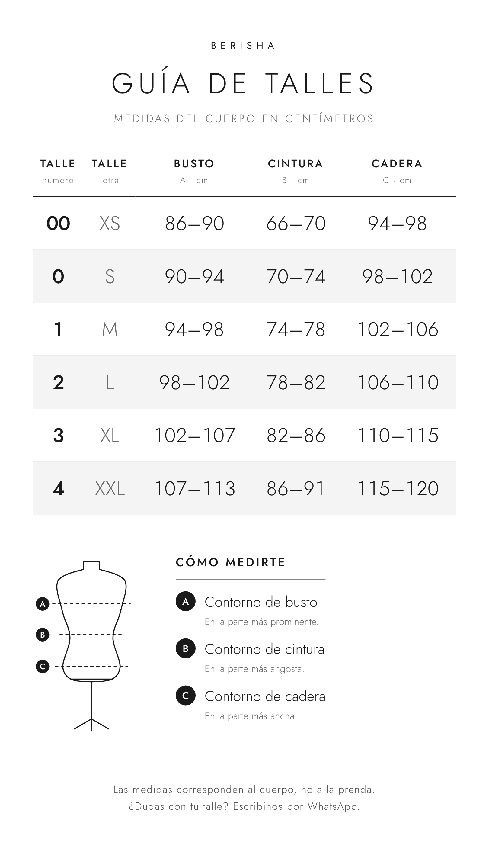 Gu&iacute;a de talles Berisha: talles 00 a 4 (XS a XXL) con medidas de busto, cintura y cadera en cent&iacute;metros