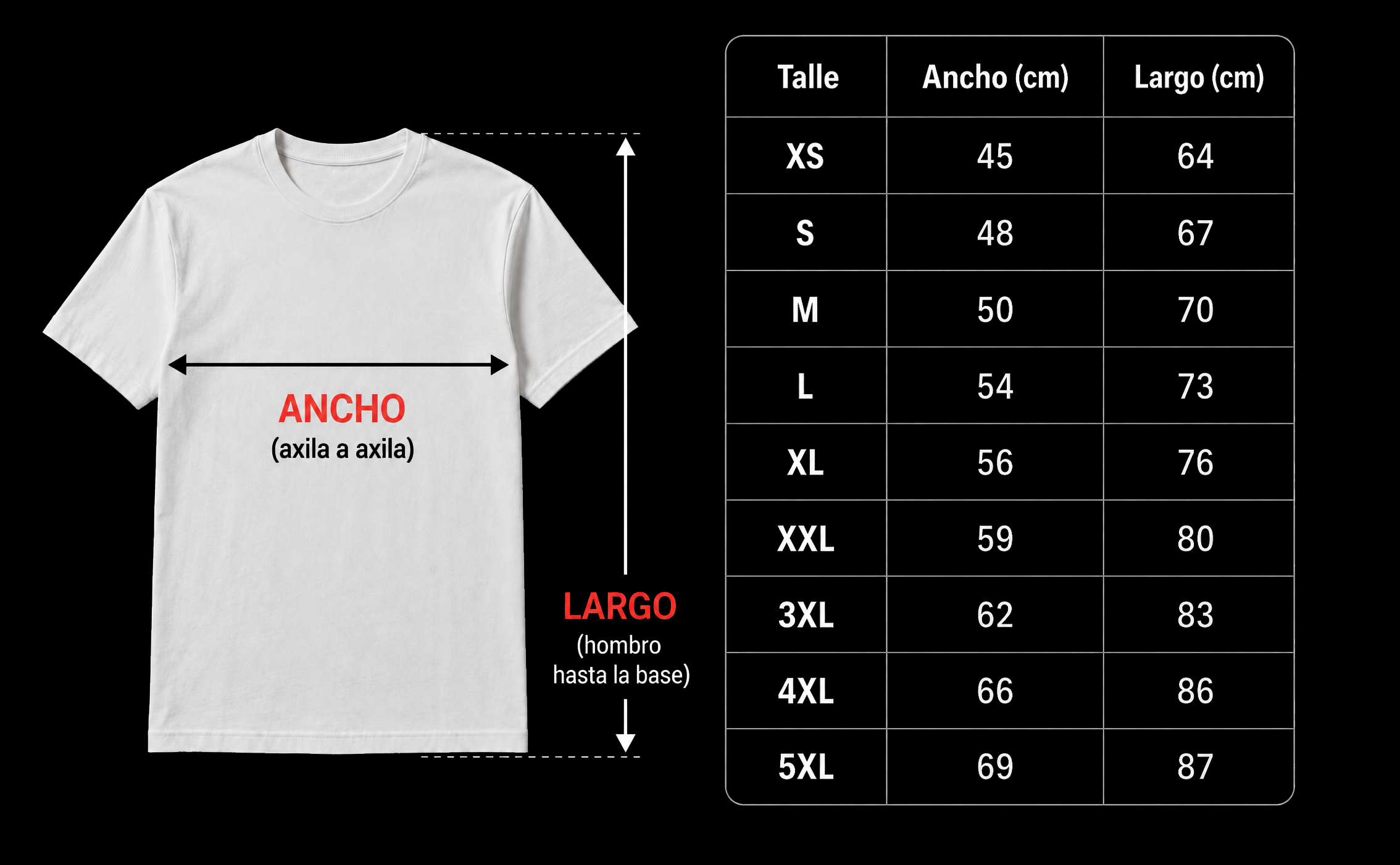 Tabla de talles remera unisex 26DUCKS
