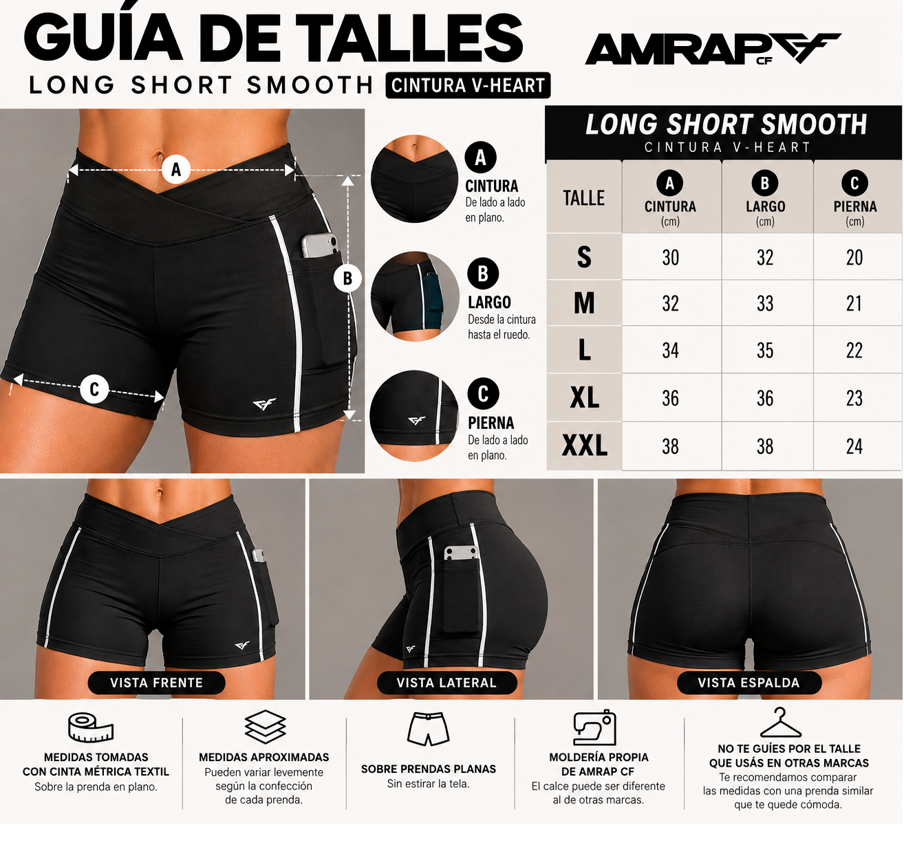 guia aproximada de talles long short cintura en v heart smooth