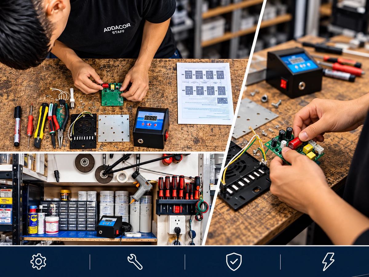 Servicio t&eacute;cnico: reparaci&oacute;n de una placa electr&oacute;nica, herramientas y repuestos en el taller