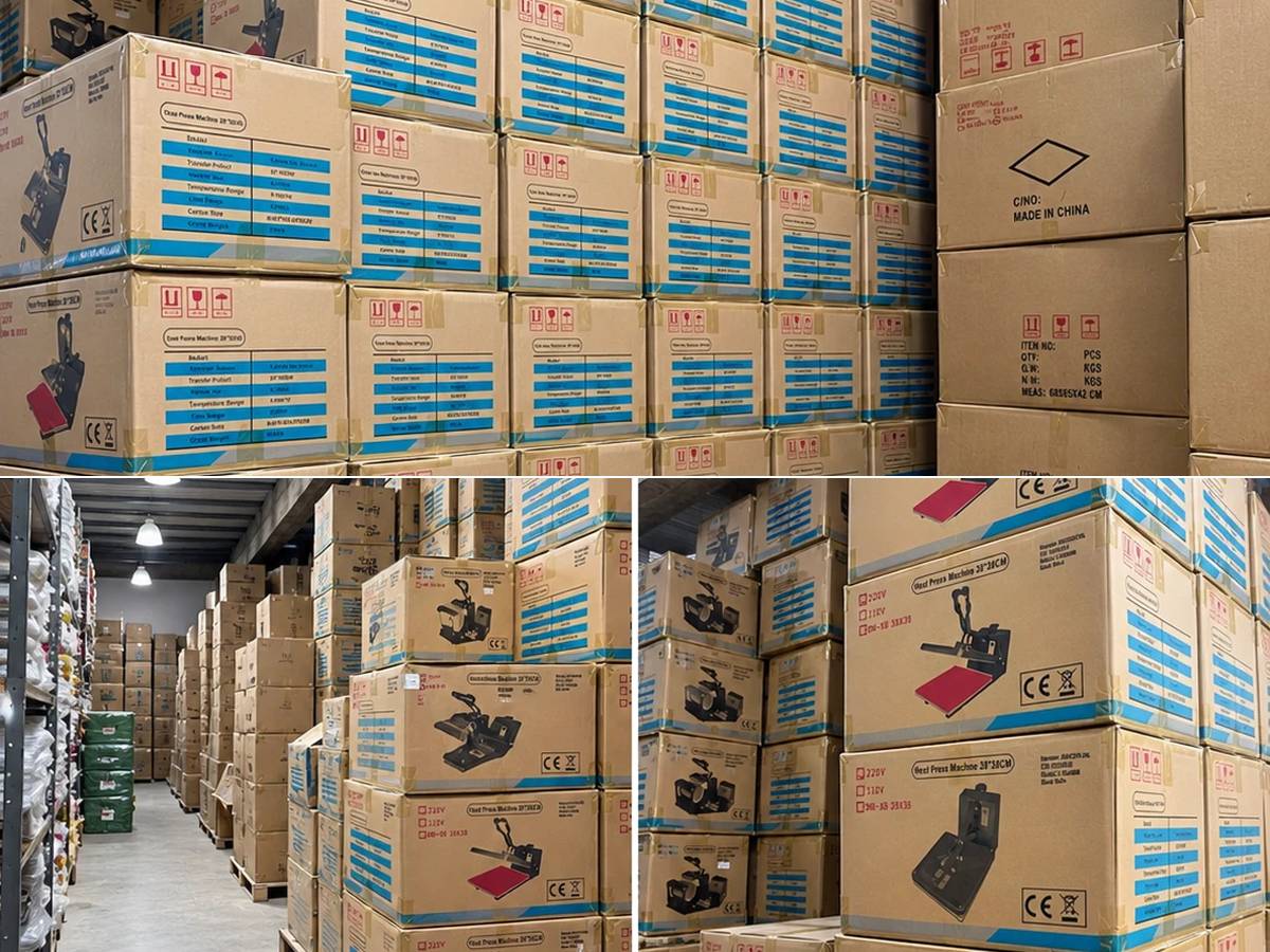 Dep&oacute;sito de Addacor con pilas de cajas de m&aacute;quinas y estanter&iacute;as de insumos
