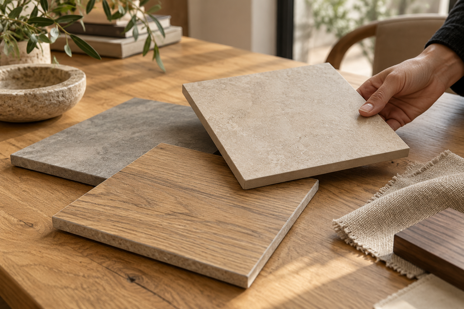 Muestras de porcelanato s&iacute;mil madera, s&iacute;mil piedra y gris comparadas sobre una mesa con luz natural