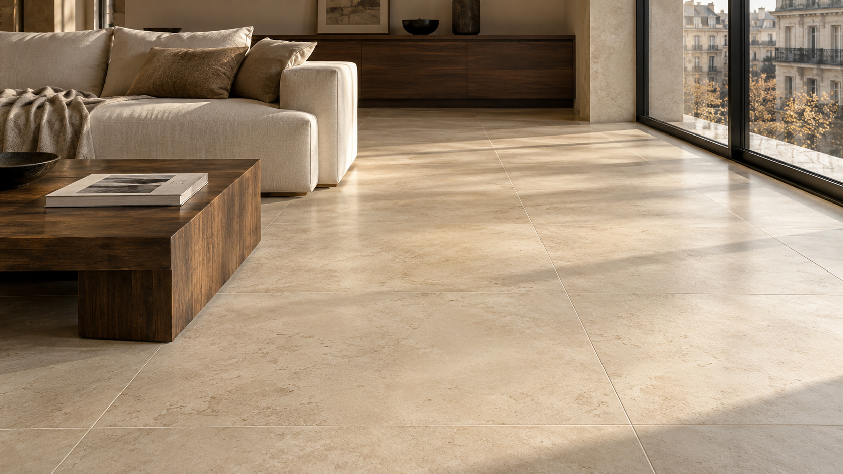 Living con piso de porcelanato beige en formato grande