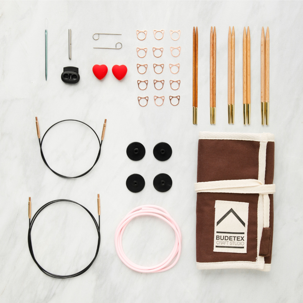 Set ORIGEN Budetex Craft Studio con agujas KnitPro BASIX cables y accesorios para comenzar con agujas circulares intercambiables