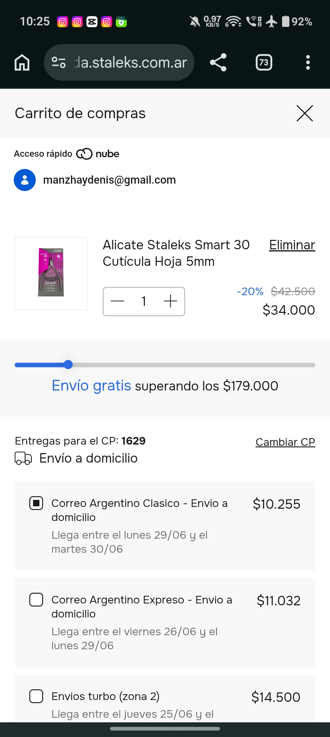 Carrito de compra con las opciones de envío en Staleks Argentina