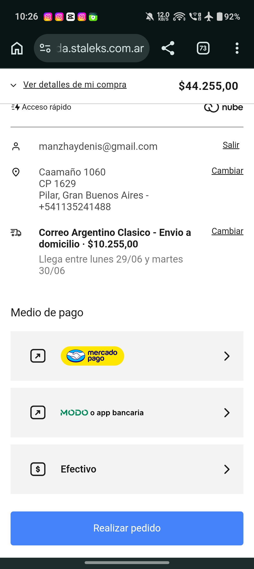 Selección del medio de pago en el checkout de Staleks Argentina